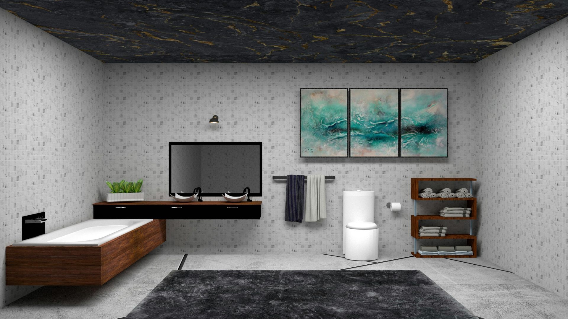 Spacious modern bathroom interior featuring sleek design elements and abstract wall art.